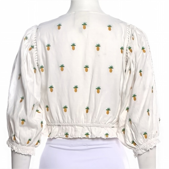 Farm Rio Crop Top Pineapple Embroidered Blouse – Beaded Linen Blend – Size Small - Picture 3 of 13